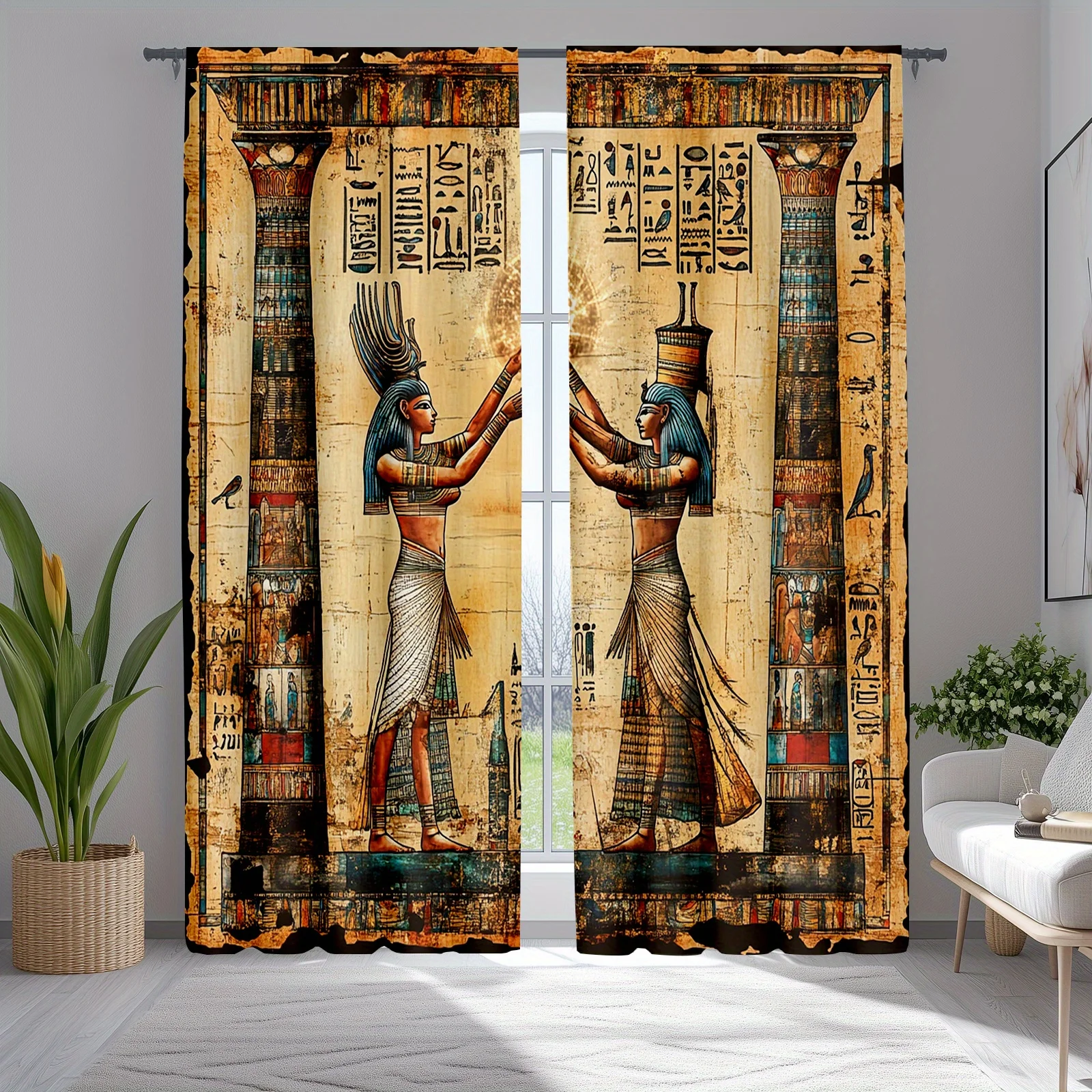 2pcs Ancient Egyptian Sheer Polyester Curtains with Pharaoh Hieroglyph Print & Rod Pocket – for Bedroom & Living Room Decor