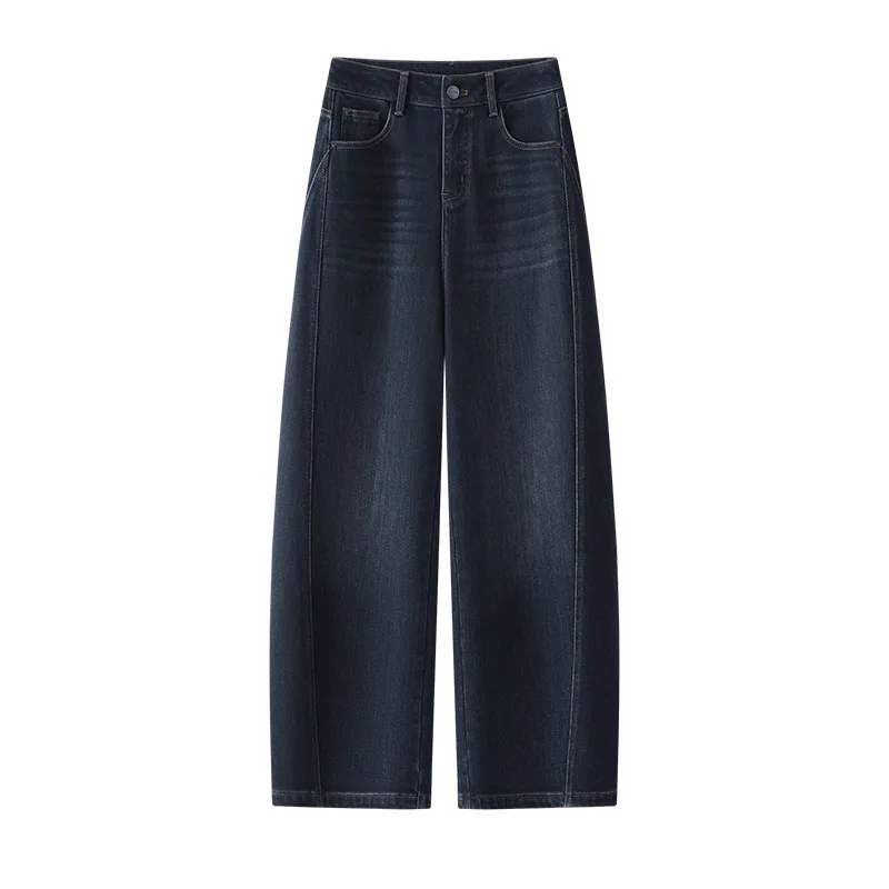 بنطال جينز سميك مبطن بالصوف للنساء فضفاض للتخسيس الموز مستقيم الساق للنساء