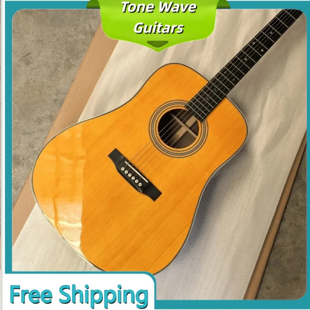 

D28 41 Inch Solid Top Acoustic Guitar Warm Yellow Picea Asperata Body Ebony Fingerboard High Gloss Handcrafted Premium Gift
