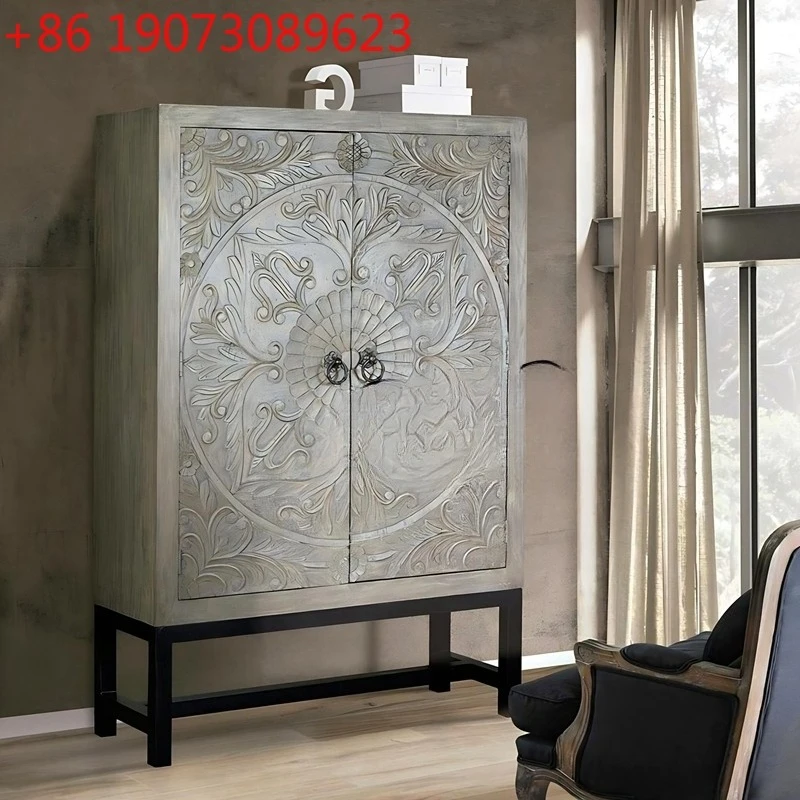

American Solid Wood Retro Carved Double Door Wine Cabinet Display Living Room Decorative Dining Side Cabinet