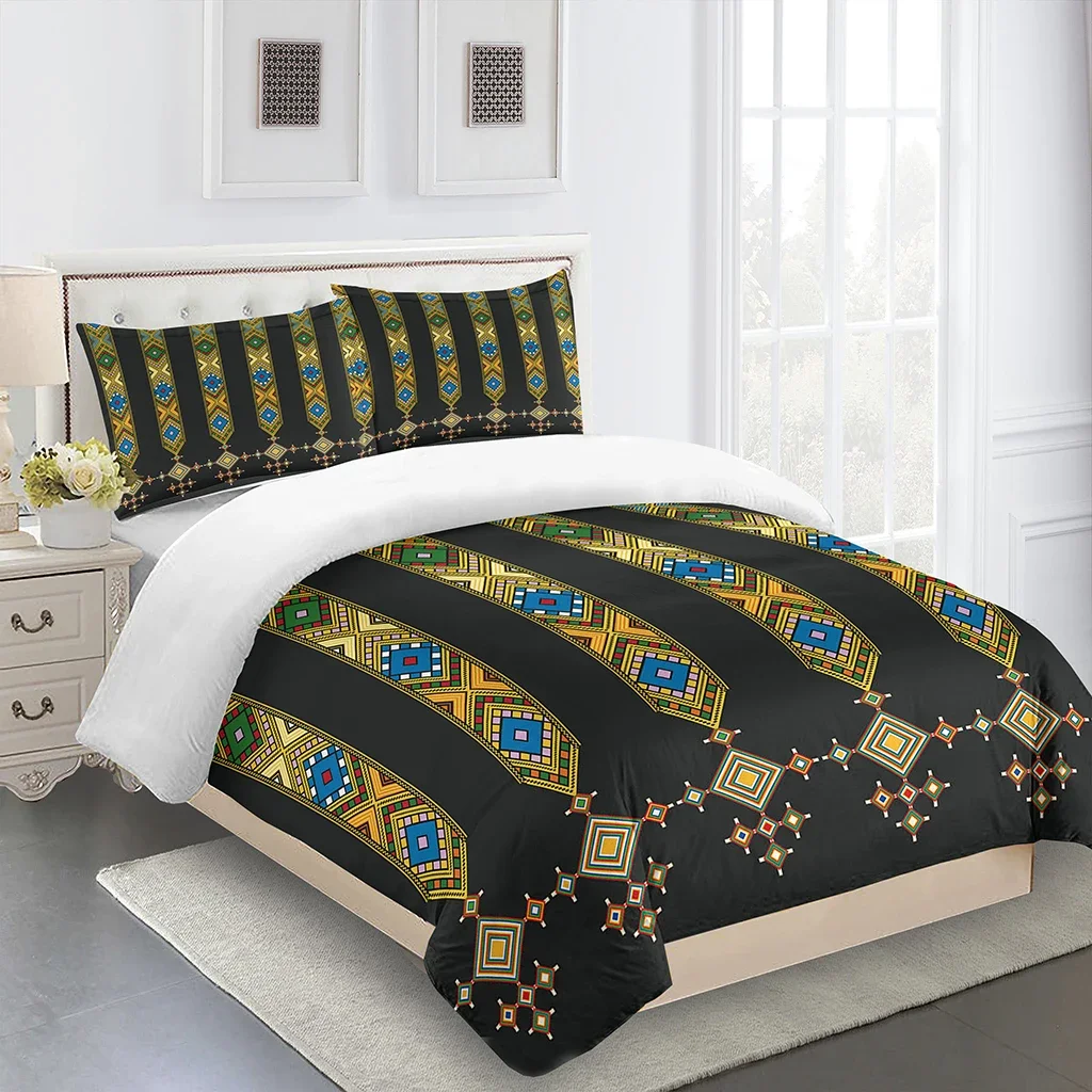 

Cheap Black Free Shipping Luxury Saba Telet Ethiopian Eritrean Bedding Sets Single Double Bed Duvet Cover and 2pcs Pillow cover