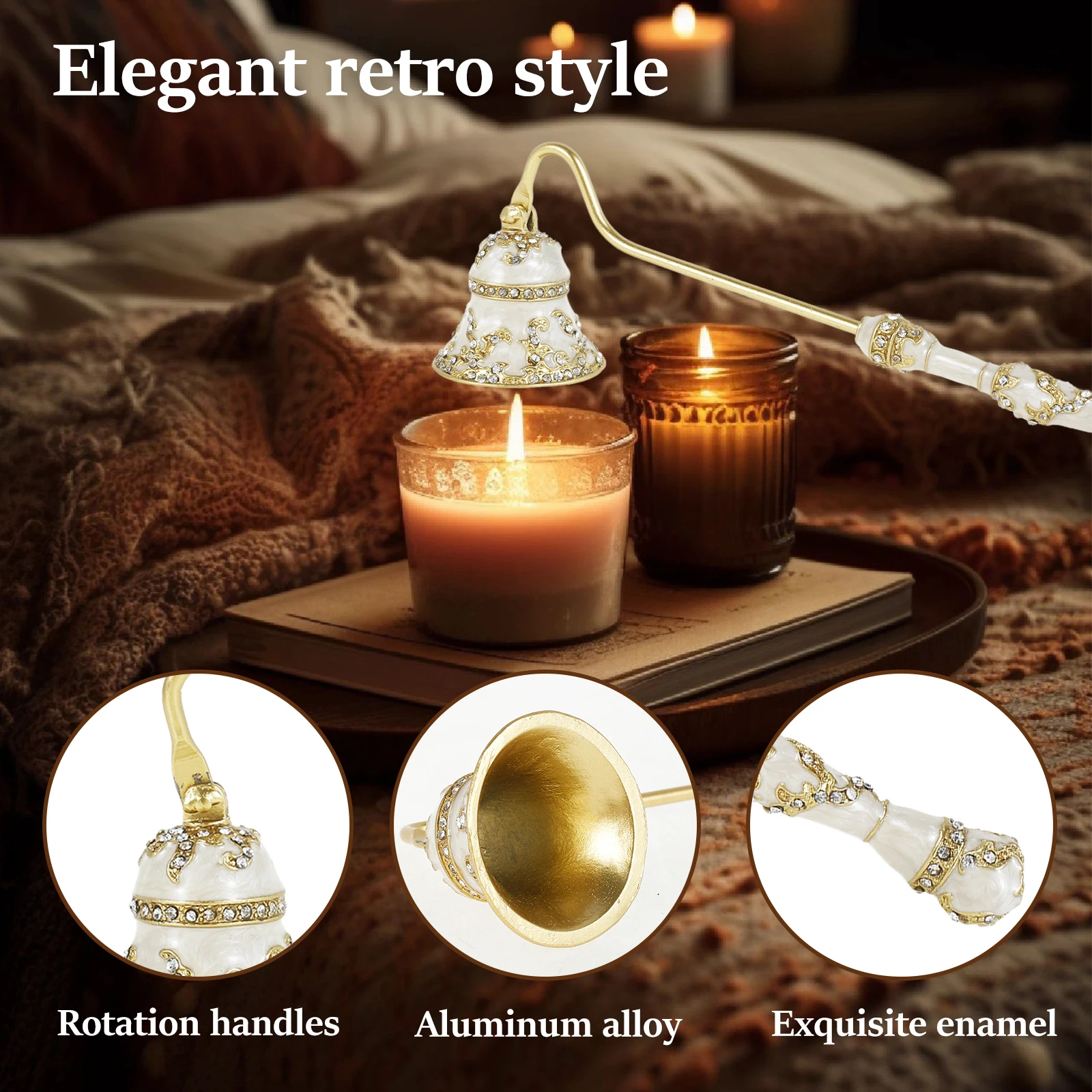 Metal Candle Snuffer With Rotatable Handle Vintage Flower Shape Candle Extinguisher Easy to Use Faux Crystal Decorative Wick