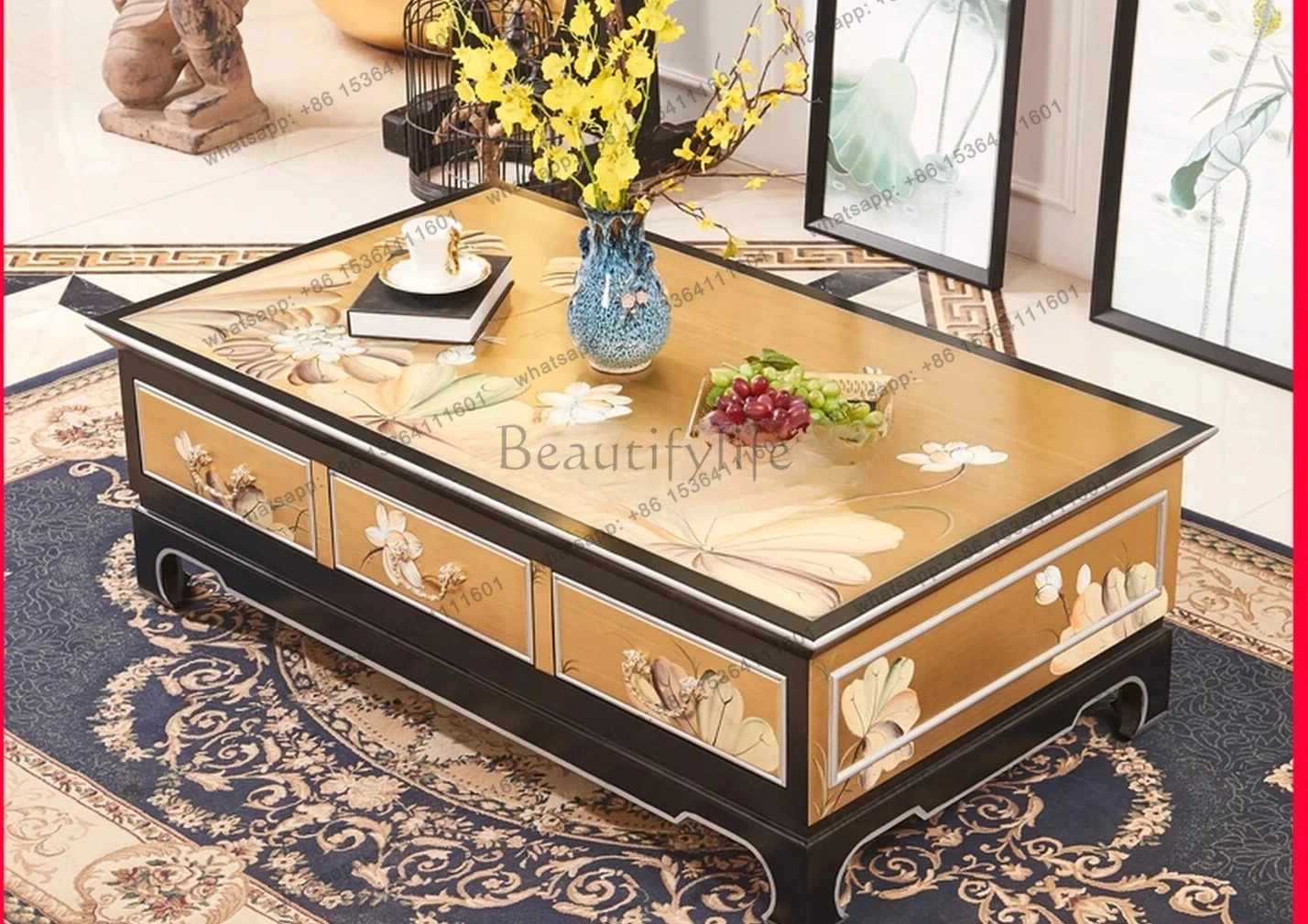 new Chinese-style long square exquisite storage large apartment living room villa coffee table TV cabinet set