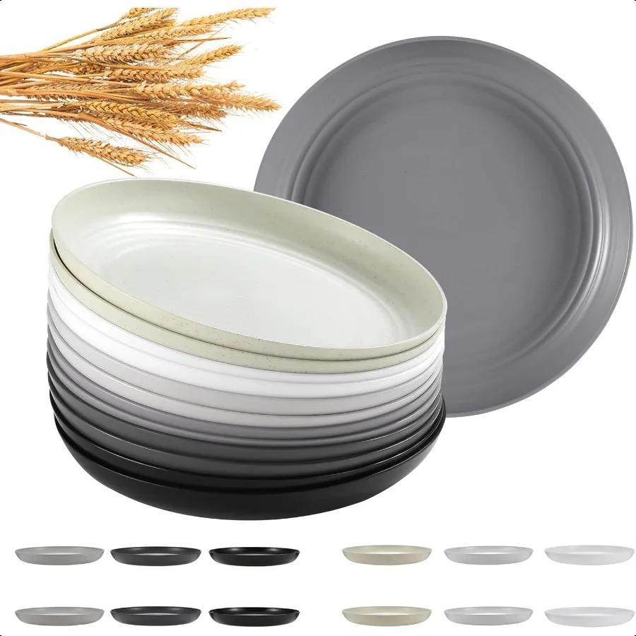 

12 шт. Небьющиеся глубокие обеденные тарелки, набор 10-дюймовых многоразовых пластиковых тарелок из пшеничной соломы, тарелка для микроволновой печи и мытья в посудомоечной машине для K