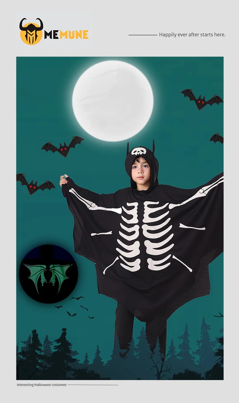 Светящаяся накидка для косплея с призраком летучей мыши для мальчиков, тематический праздничный наряд ужасов для детей, костюмы на Хэллоуин