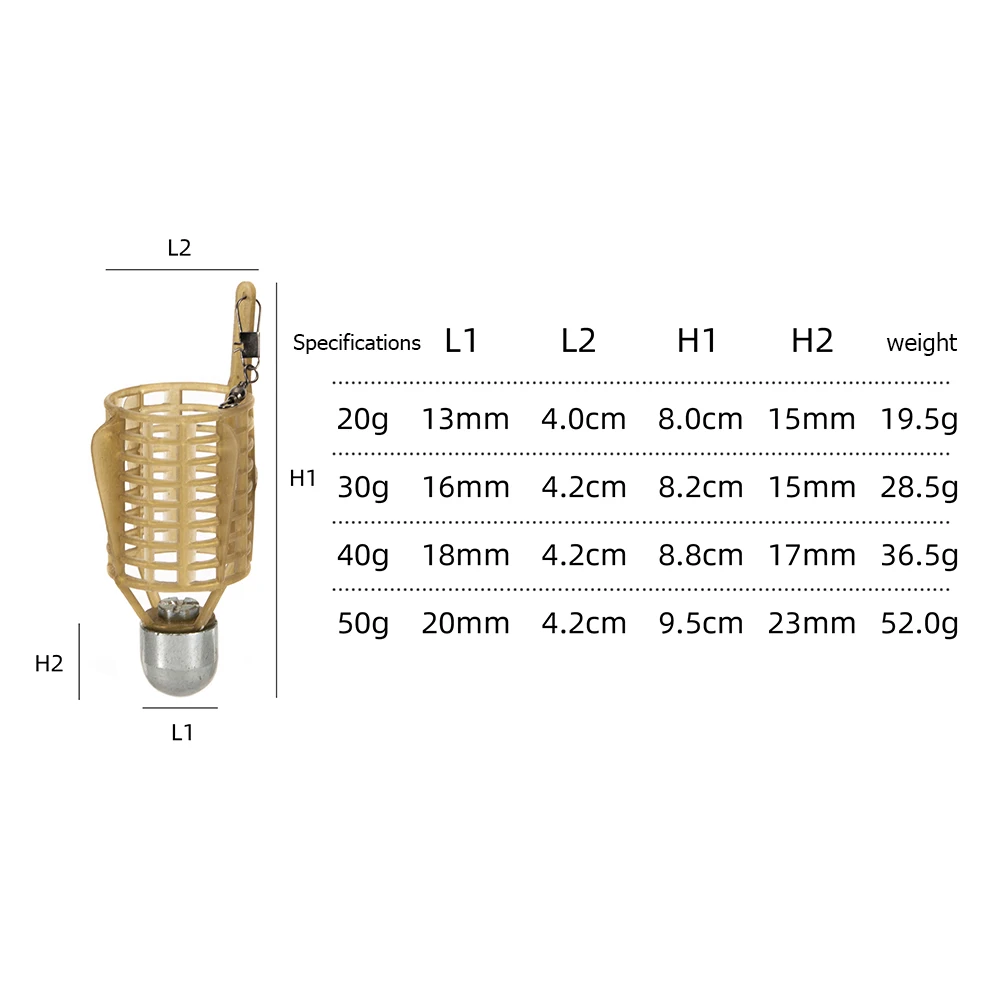 1 pçs alimentador de pesca isca gaiola abs com cabeça de ferro 20/30/40/50g lançador portátil carpa alimentador cesta titular