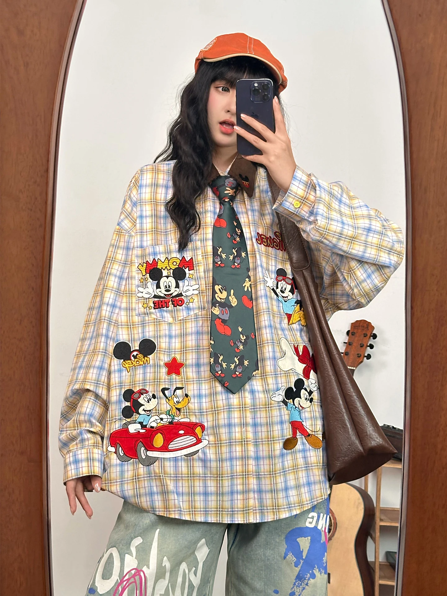 Retro Long Sleeve Casual Shirt with Cartoon Embroidery Loose Mid-Length Top Yellow Plaid Women Tops 2025 Autumn New