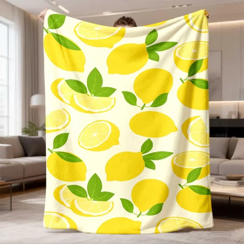 Manta con estampado de rodajas de limón fresco, manta suave y acogedora con hojas verdes y frutas de verano