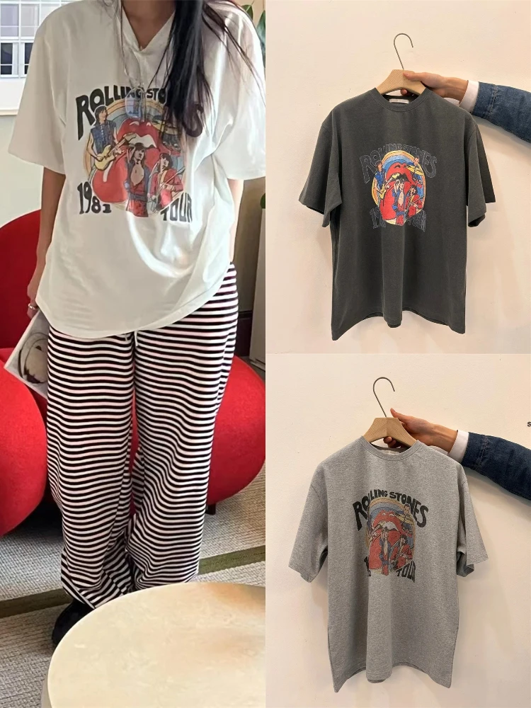 레트로 로 슬레 프린트 루즈 캐주얼 라운드 네 오트 스베 티셔츠 여성 패션 여름 탑 동대문에서