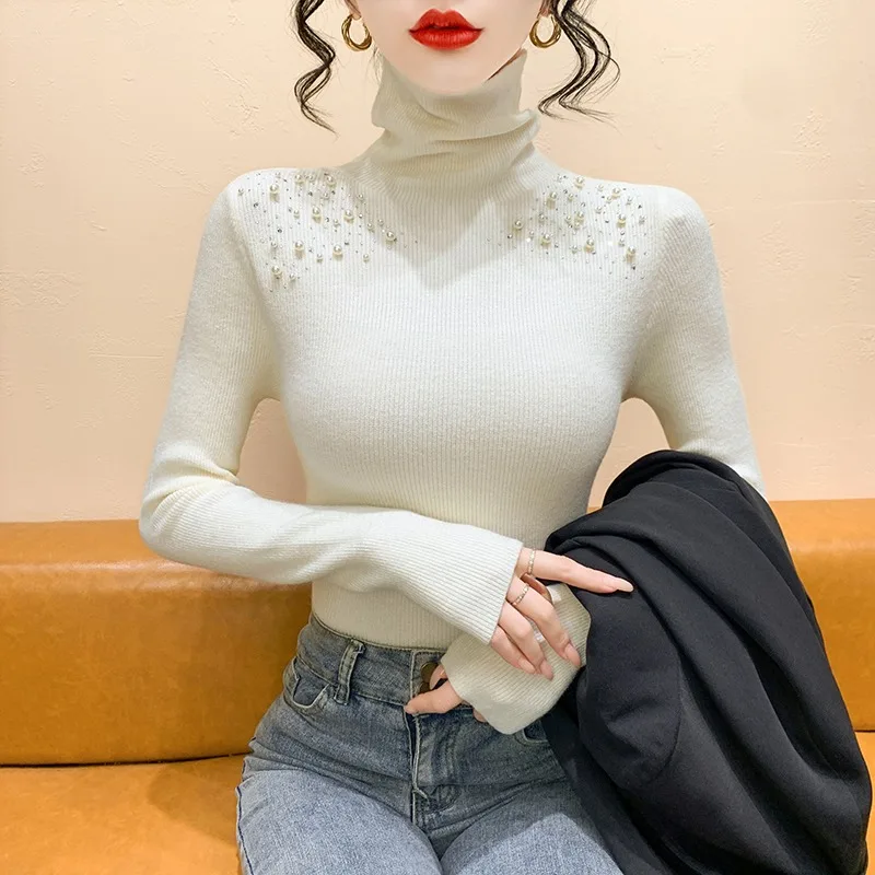 

Heavy Embellied Knitted High Collar Long Sve Base irt Women's Premium Feel Autumn Winter Faionable Faux Fur Inner Wear