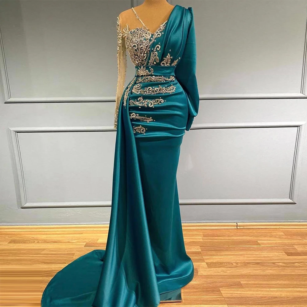 Luxury Long Sleeves Mermaid Evening Dresses With Crystals Sparkly Elegant Satin Dubai Women Formal Party Gowns