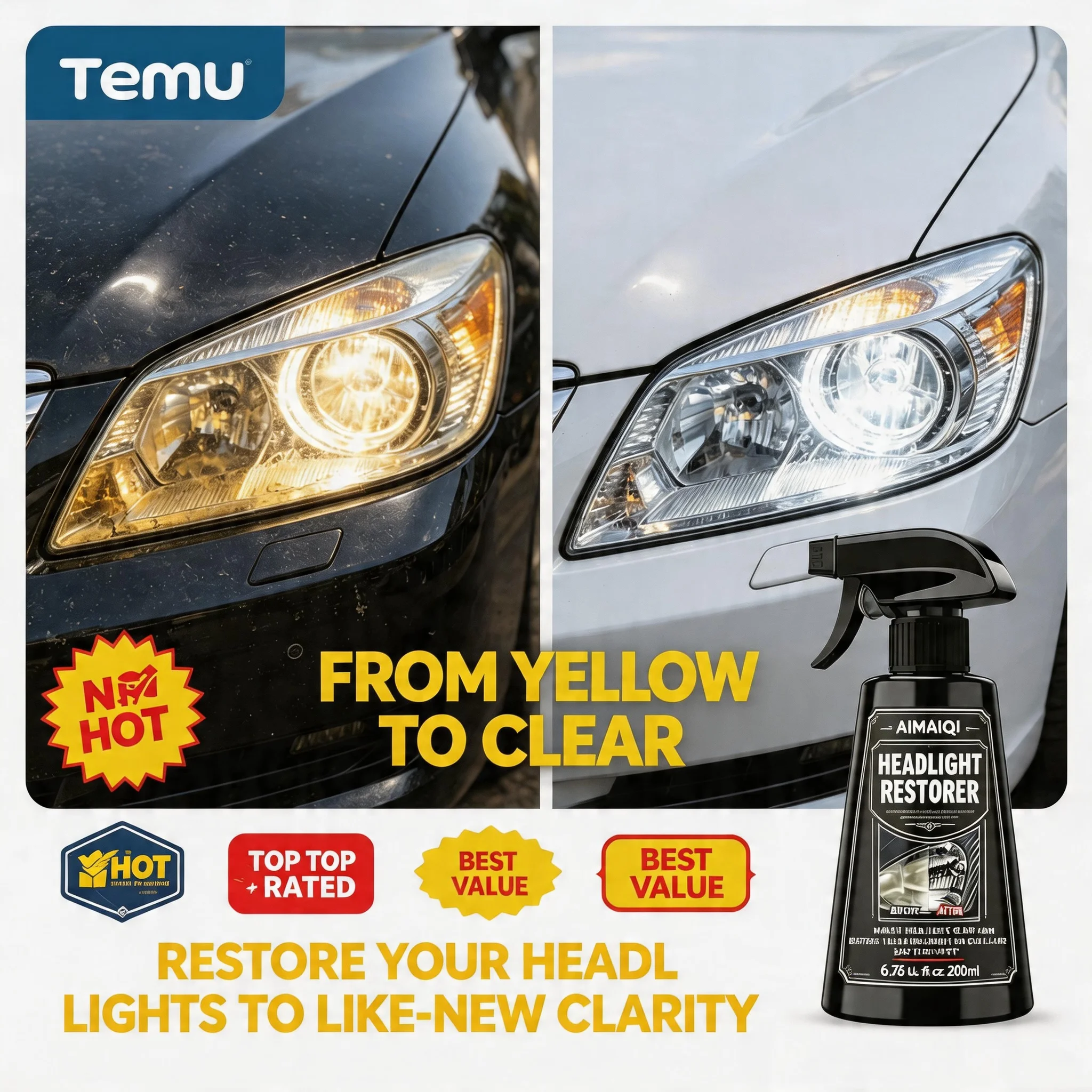 Auto Headlight Cloudy Repair Coating, Anti Oxidation Yellowing Headlamp Restorer, Easy Operation Car Lens Brightening Cleaner