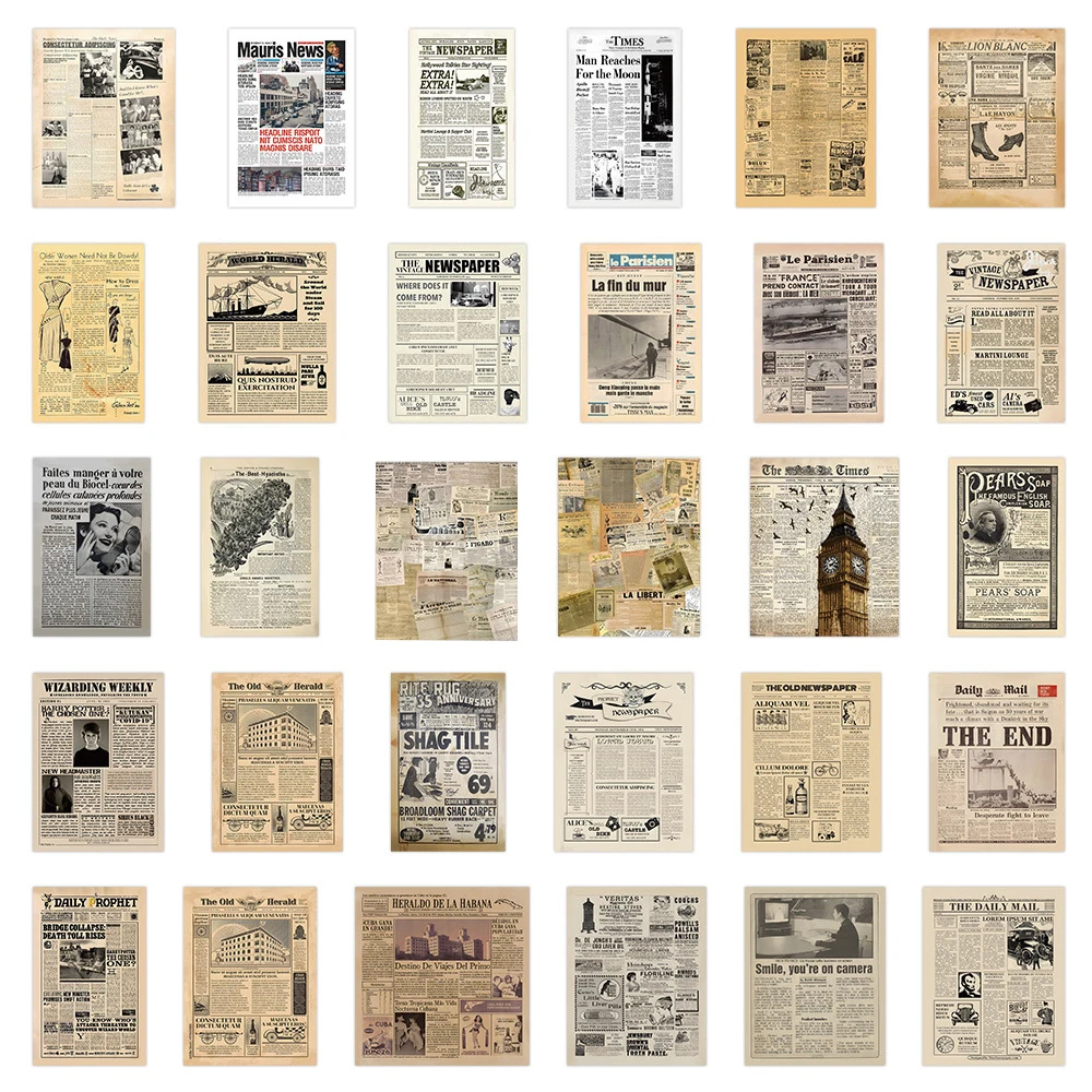 10/30/60pcs Vintage Poster Sticker Retro Newspaper Decals For Stationery Scrapbook Notebook Fridge Bike Guitar Sticker Toy