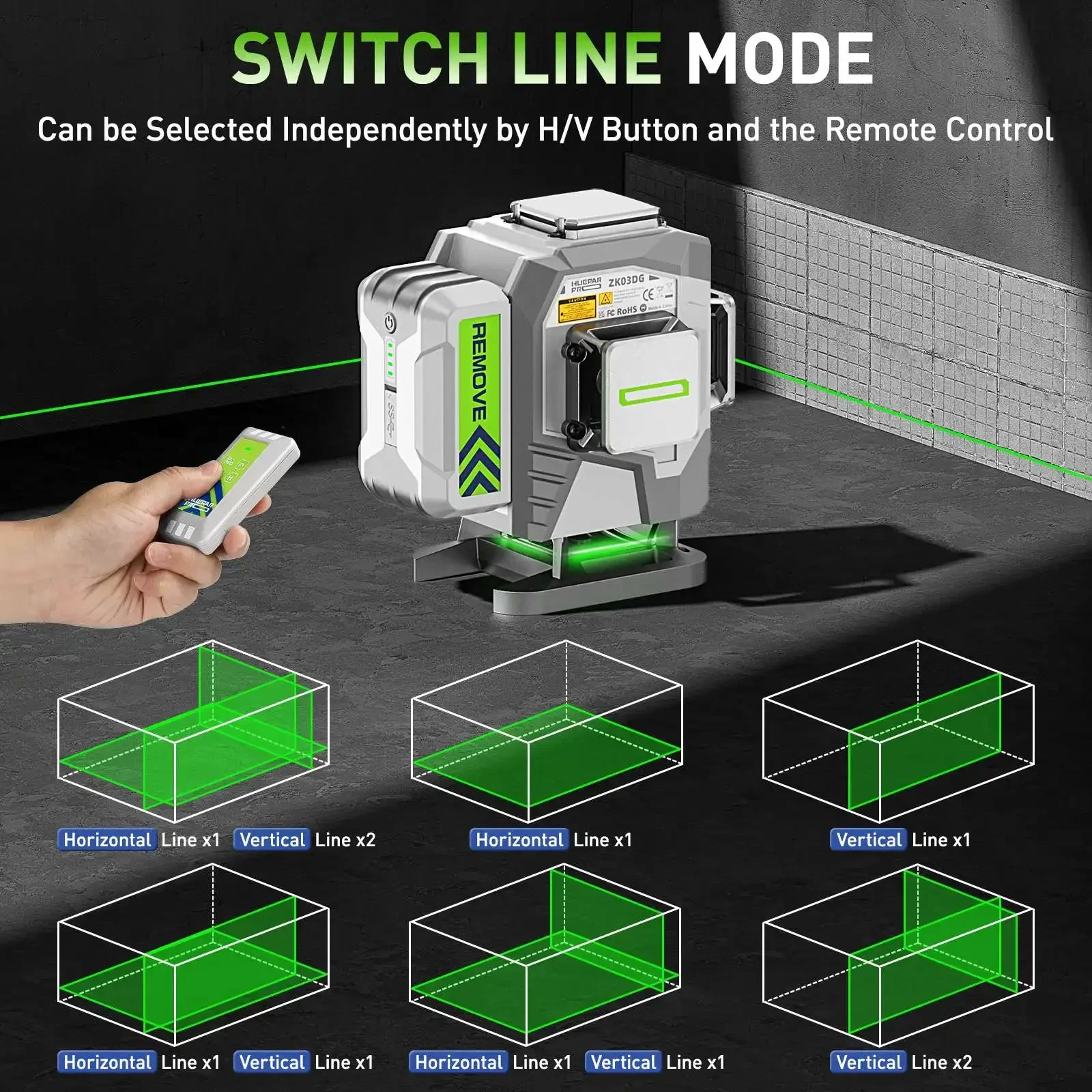 Huepar ZK03DG 3D Green Self-Leveling 12 Lines Laser Level 360 With Rotary Remote Control Horizontal Vertical Line