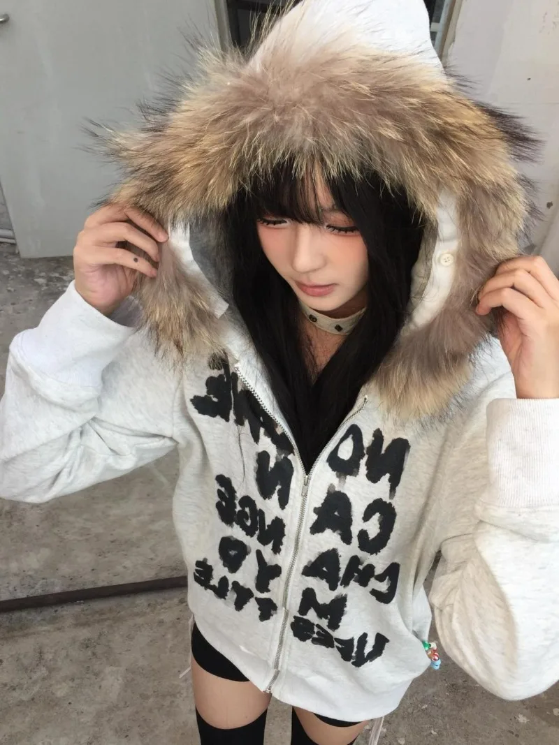 

Vintage Fur Patchwork Grunge Zip Up Hoodies Women Y2k Aesthetic Hooded Tops Jackets Casual Letter Print Pocket Coats Sweatshirts