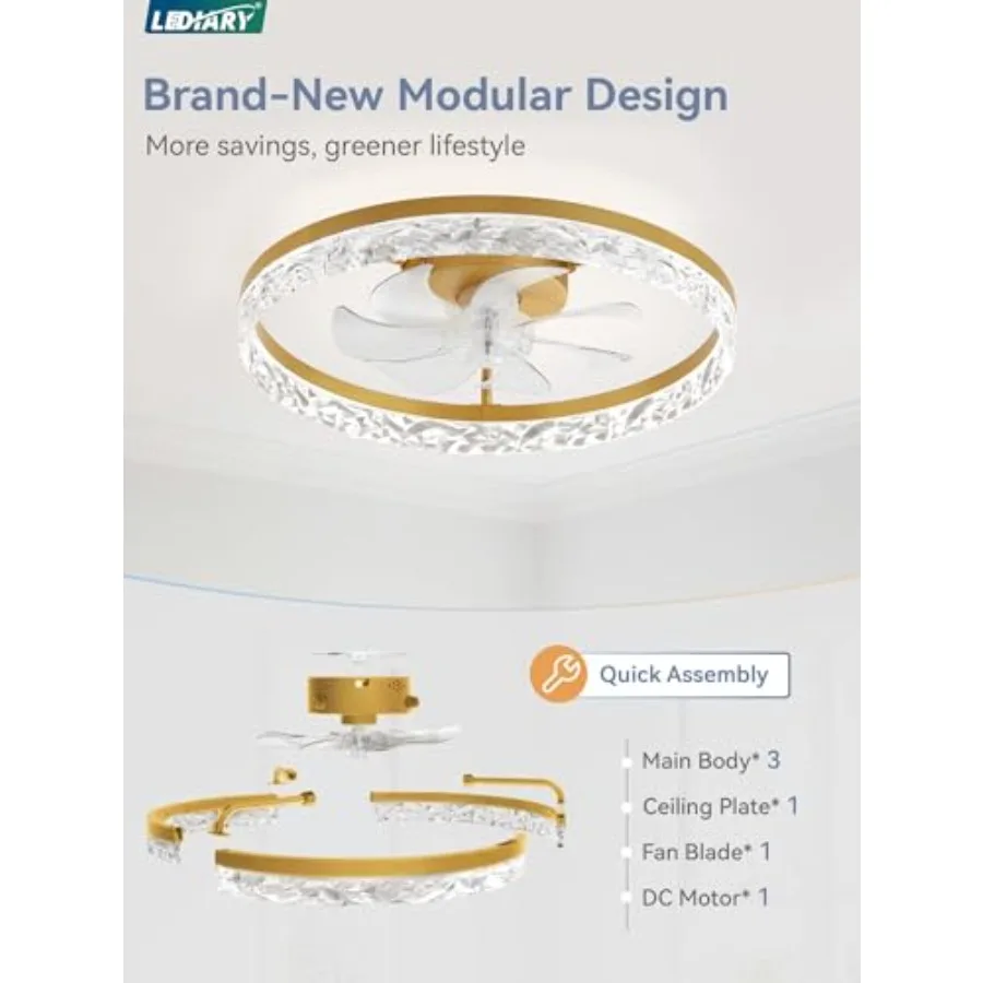 Modern ceiling fan with light for indoor use, gold-finished metal, dimmable LED light with stepless color temperature change, l