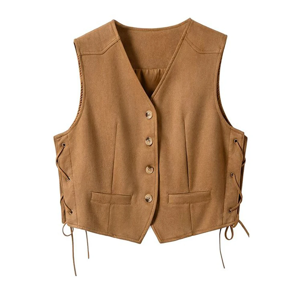 

wear lace-up suede vest women's autumn design sense niche casual short collar vest casaco feminino vests