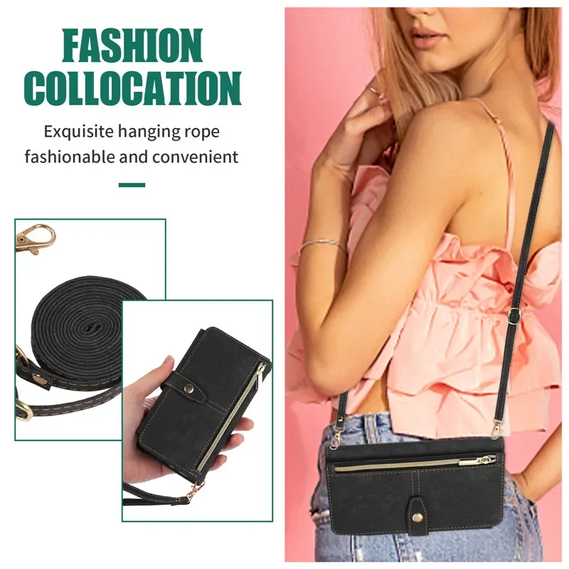 Fashion Long lanyard Purse Flip Leather Phone Case For Google Pixel 8 Pro 7 6 Pro 6A Zipper Wallet Card Holder Cover Coque Etui