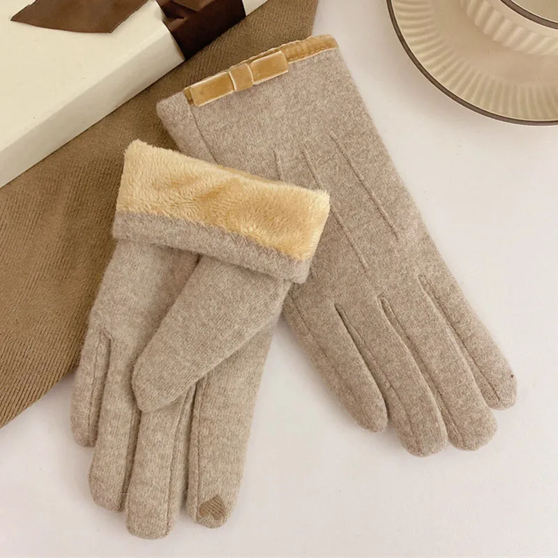 Korean Women\'s Touch Screen Warm Cashmere Gloves Autumn Winter Outdoor Riding Driving Bow Wool Double Layer Thicken Windproof