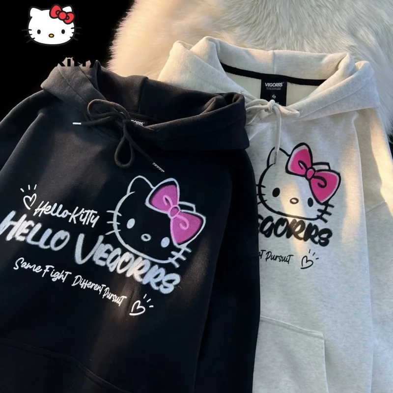 

Sanrio Gothic Hello Kitty Pullover Hooded Sweatshirt Hip Hop 90s Vintage Japanese Harajuku Hoodie 2000s Yk2 Clothes Streetwear