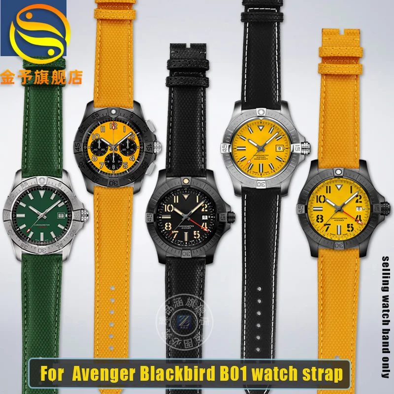 For Breitling Avenger Blackbird watch strap B01 Super Ocean yellow cowhide Watchband men folding Stainless steel buckle 22mm