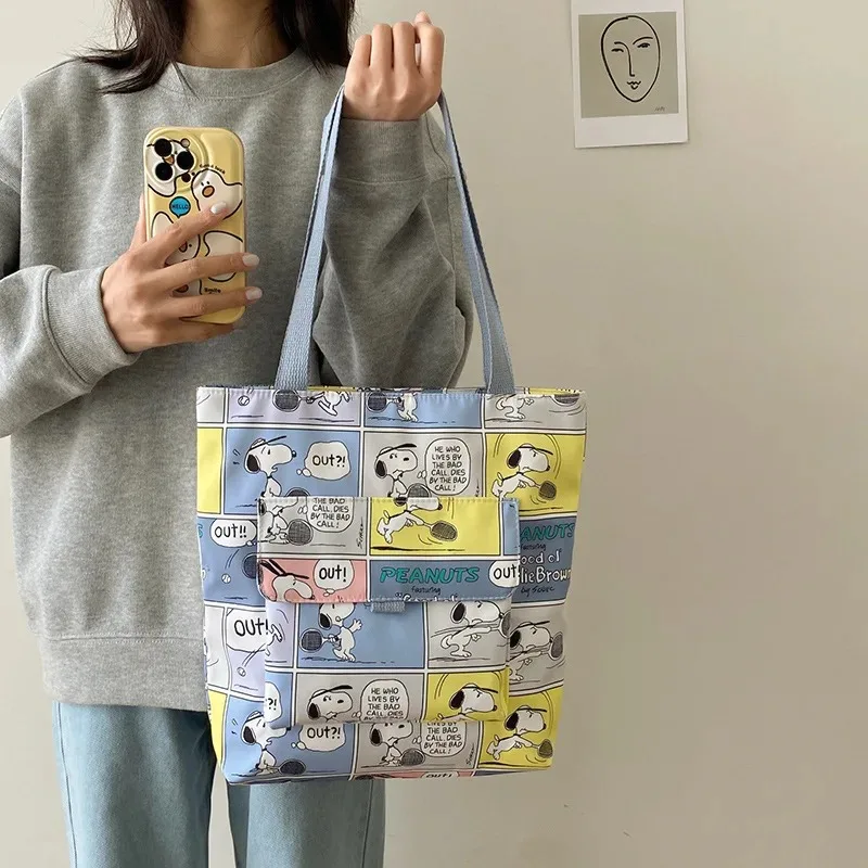 Fashion Hot Style Snoopy Mesh Canvas Handbag Women's Pastel Color Matching Shoulder Bag Large Capacity Casual Women's Handbag