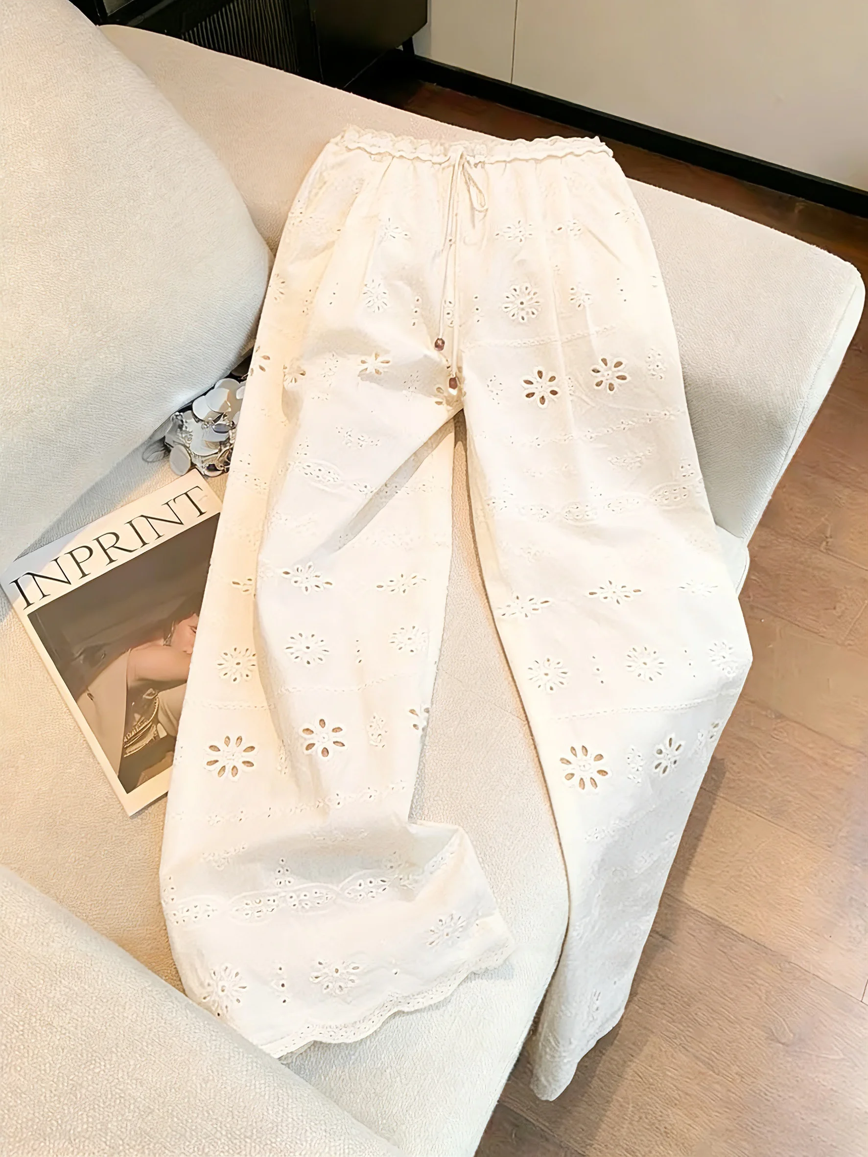 

Korean Sle Lace Hollow Flower Casual Pants Women's Spring Autumn High Waist Slim Straight Leggings Faion Design Sensation
