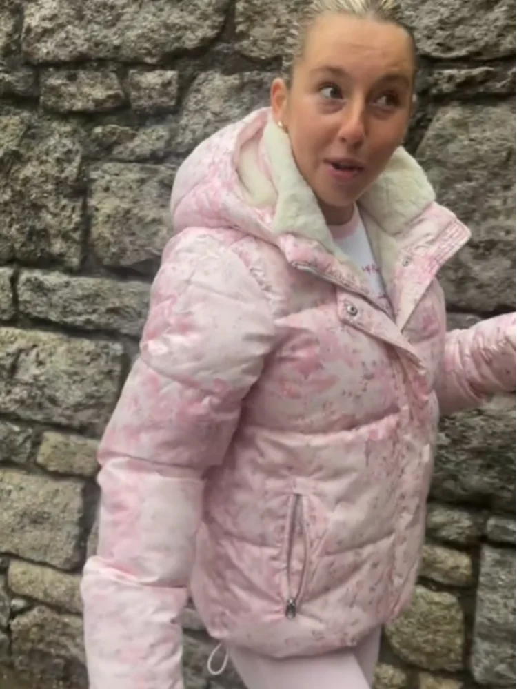 سترة نسائية قطنية مطبوعة باللون الوردي مع قبعة وسحاب وجيوب من الصوف الداخلي سترات نسائية شتوية أنيقة ملابس خارجية دافئة للسيدات