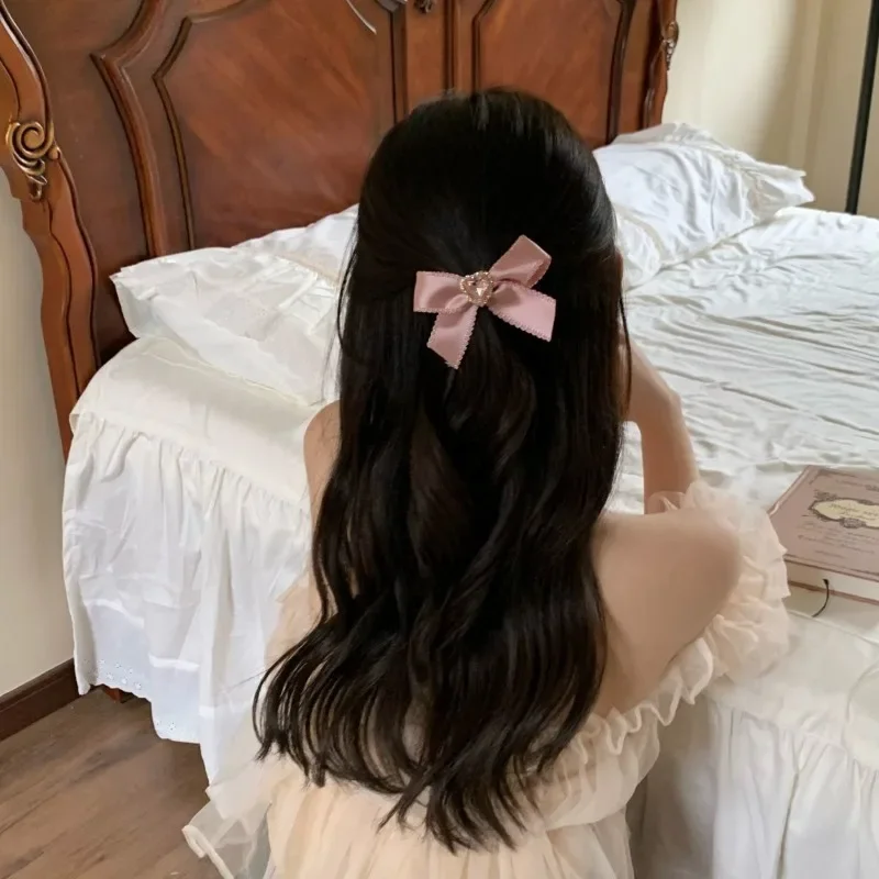 Oco coração diamante arco hairpin para meninas, bonito clipe de cabelo Lolita, presilhas rosa, fita bowknot hairslide, acessórios headwear, moda