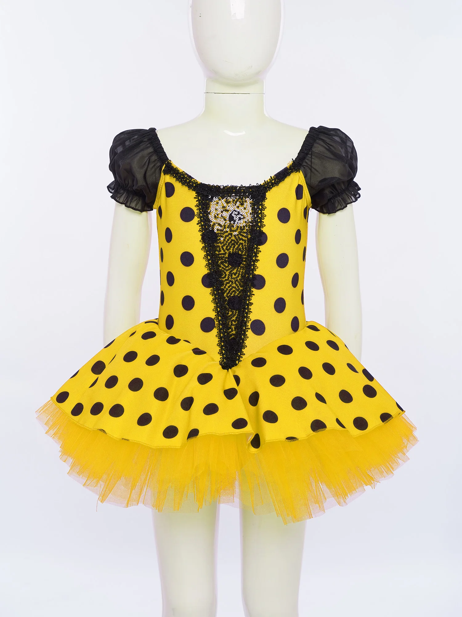 Ballet Dance Dress for Kids Girls Puff Sleeve Shiny Sequins Color Block Dots Tutu Dresses Stage Performance Dancewear Costume