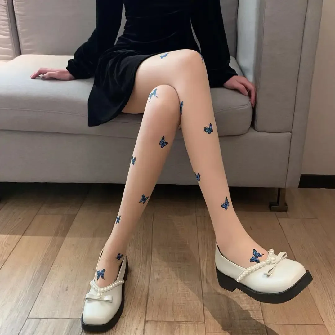 Bas en soie papillon bleu, chaussettes de dessin animé Lolita printemps été Loli Cosplay, legging moulant et Sexy