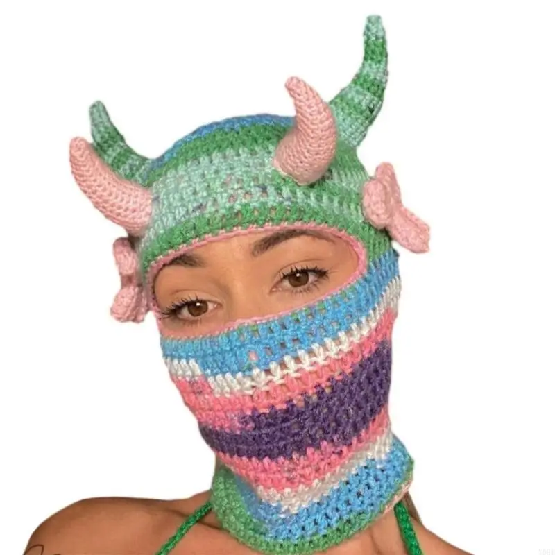 Halloween Balaclava Cap Knit Beanie Hat Unique Horn Party Holiday Headwear Y08E