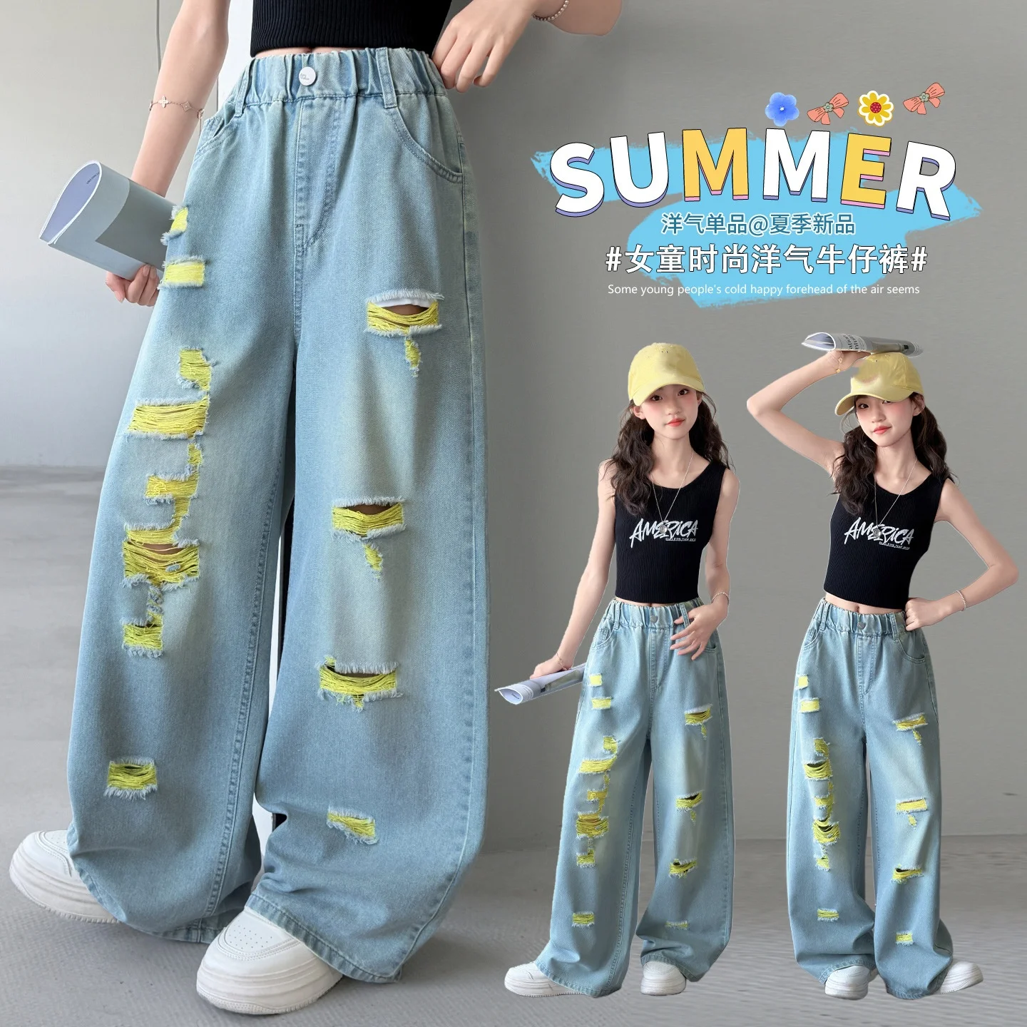 Teenage Girls Jeans 2026 New Summer Casual Fashion Loose Ripped Hole Kids Retro Korea Pants School Children Trousers 4-14Years