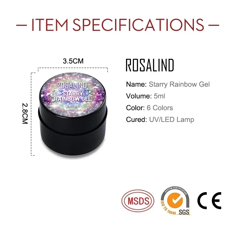 Rosalind gel de uñas 5ml pegamento enlatado pequeño brillos Rainbow Xing Cai serie esmalte de uñas pegamento semipermanente para esmalte de uñas.