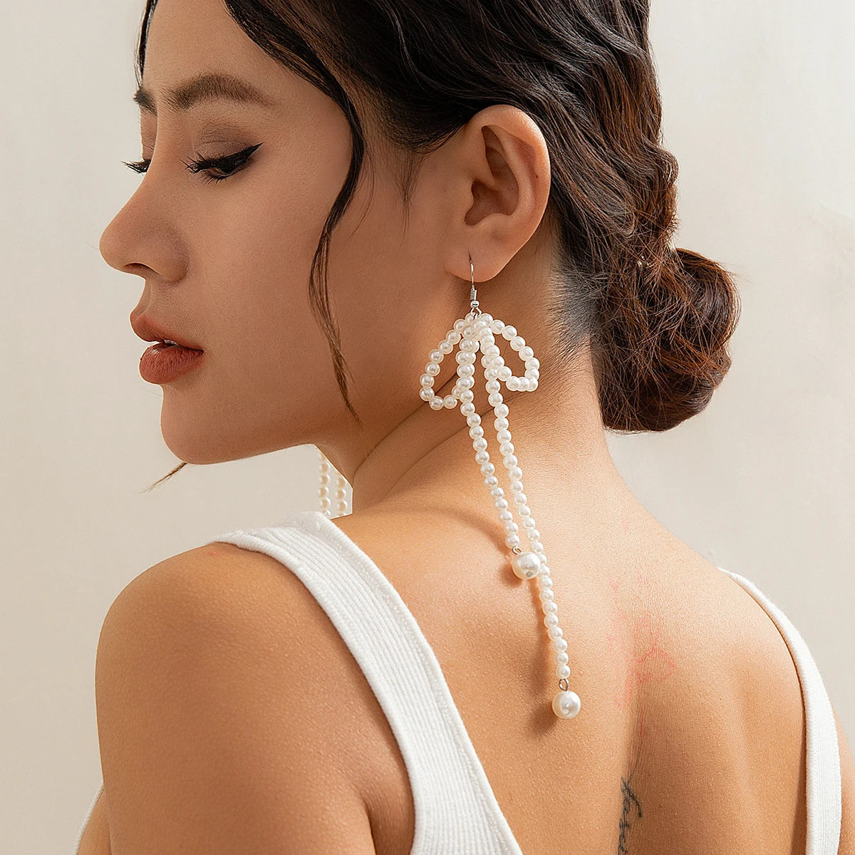 PuRui Trendy White Imitation Pearl Weave Bowknot Pendant Earrings for Women Handmade Beaded Drop Earrings Jewelry Party Gifts