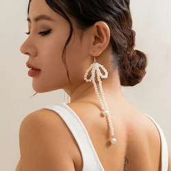 PuRui Trendy White Imitation Pearl Weave Bowknot Pendant Earrings for Women Handmade Beaded Drop Earrings Jewelry Party Gifts