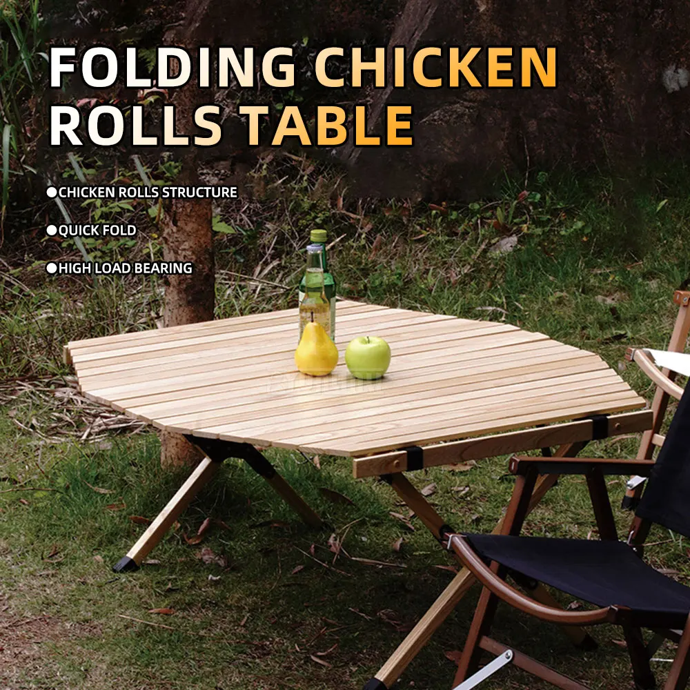 Beech Wood Roll Top Table, Octagonal Camping Table, Outdoor Folding Barbecue Table, Picnic Equipment