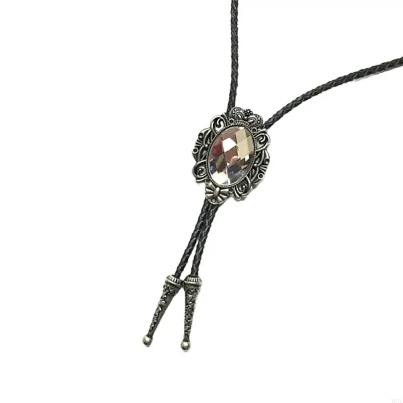 W0YA Antique Crystal Western Cowboy Pendant Bolo Tie Mens Leather Rope Necktie Necklace Shirt Collar Chain Jewelry Neckwear