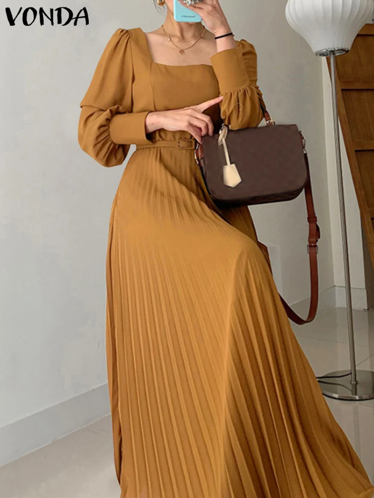 Elegant Long Lantern Sleeve Dress VONDA 2023 Fashion Women Sexy Square Collar Pleated Long Dresses Belted Solid Maxi Robe Femme