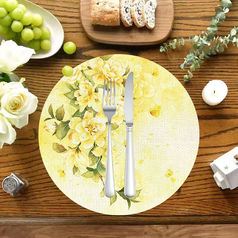VIKAMA Fresh Yellow Peony Butterfly Round Linen Placemats, Heat Resistant Washable for Dining Table Home Decor