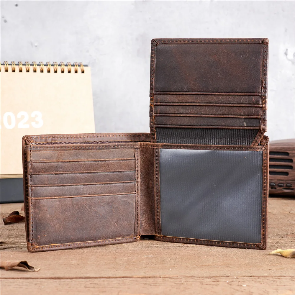 Genuine Leather Men Slim Bifold Wallets Vintage Man Rfid Wallet with Flip ID Windows Man Extra Capacity Multi Card Holder Purse