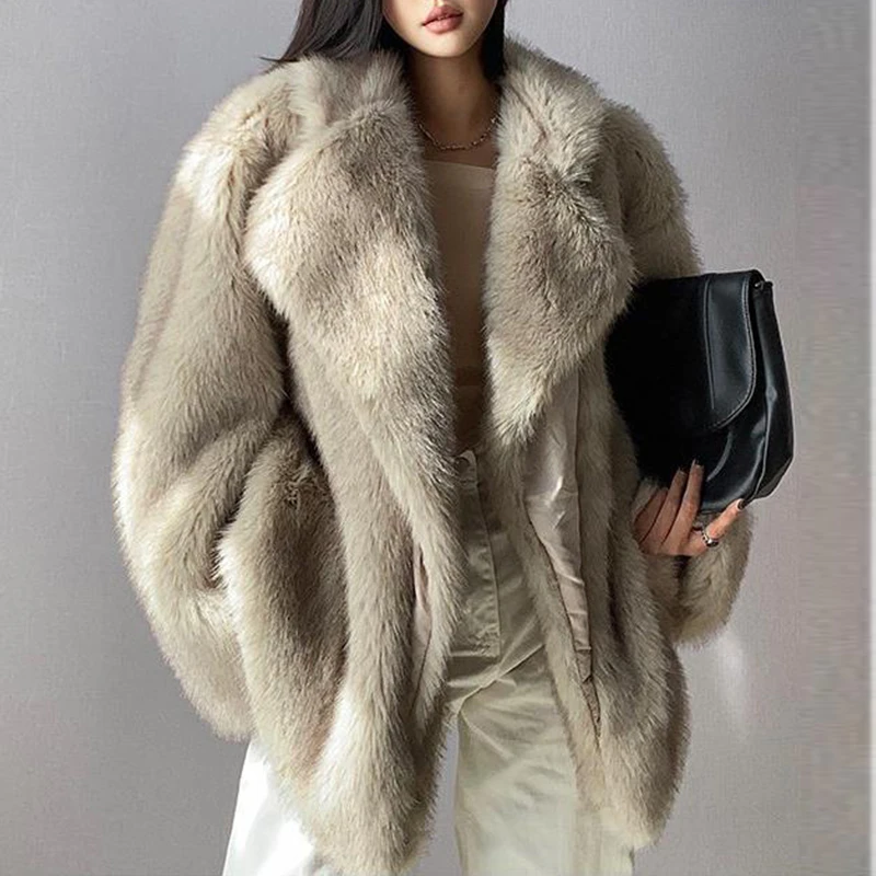 

Faux Fox Fur Coat Women 2023 Winter Thick Warm Cardigan Jacket Furry Mid-length Lapel Loose Plush Coat Oversized Teddy Jacket