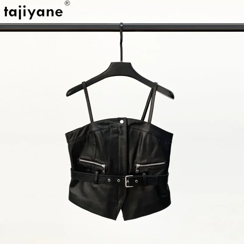 Tajiyane-Blouson court en cuir véritable pour femme, veste avec ceinture, 2023