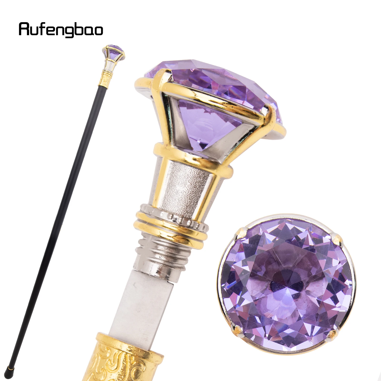 Light Purple Diamond Single Joint Golden White Walking Stick Hidden Plate Self Defense Fashion Cane Cosplay Crosier Stick 90cm