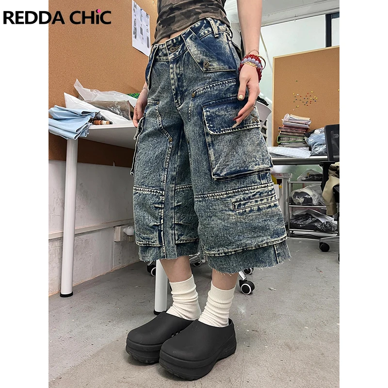 

ReddaChic Snowflake Wash Baggy Jeans Jorts Women Flap Pockets Raw Edge Patchwork Wide Leg Cargo Denim Shorts Vintage Work Wear