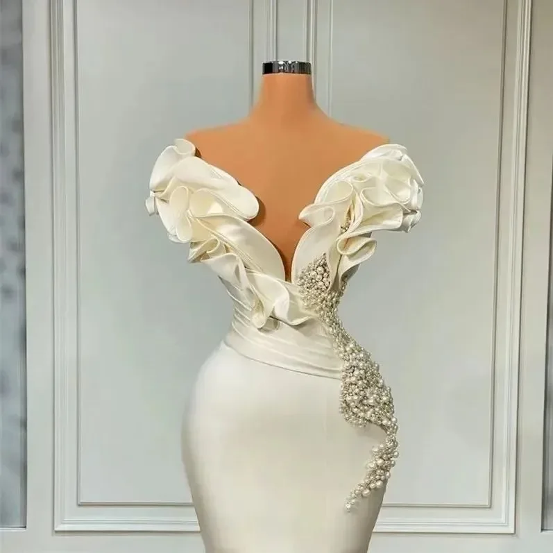 Personalizado dubai arábia pérolas sereia vestidos de casamento sexy fora do ombro cetim babados vestidos de noiva do vintage novia
