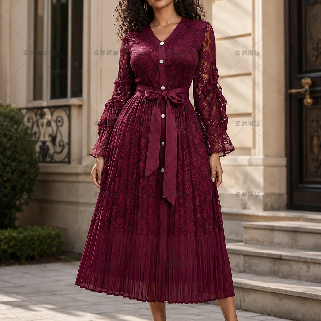 2026 New Miyake Pleated Lace Dress Temperament Waist Thin Fashion Loose Women's Dress
