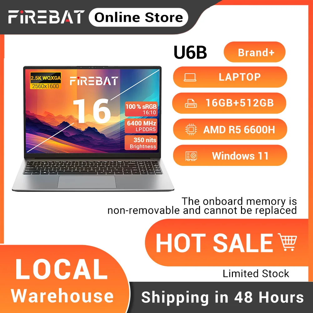 

Ноутбук FIREBAT U6B 16 дюймов, AMD Ryzen5 6600H, LPDDR5, 16 ГБ ОЗУ, M.2 512 ГБ SSD, WiFi6, BT5.2, 16-дюймовый экран 2.5K 120 Гц, Windows 11