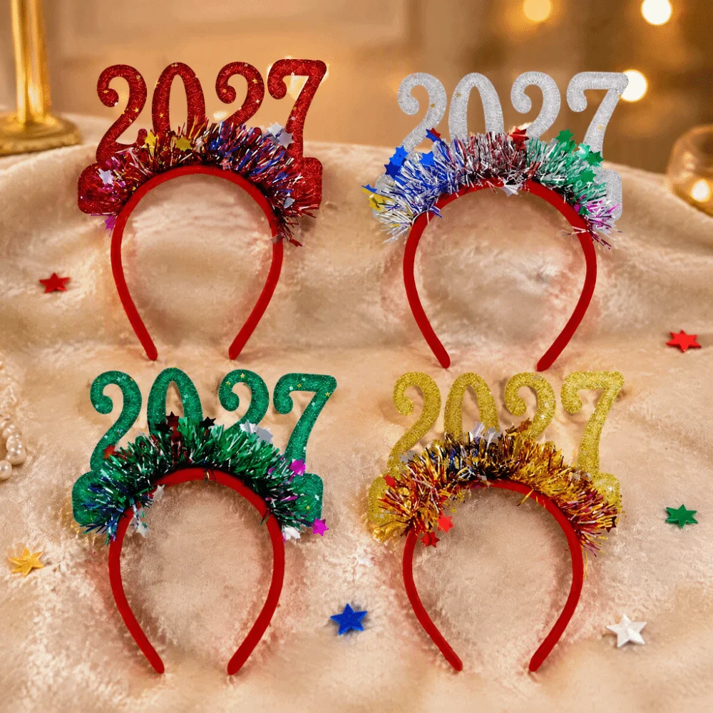 Adjustable Size 2027 Christmas Headband Light-Up Function Plastic Frame New Year Headpiece Glitter Sequined Flexible Design