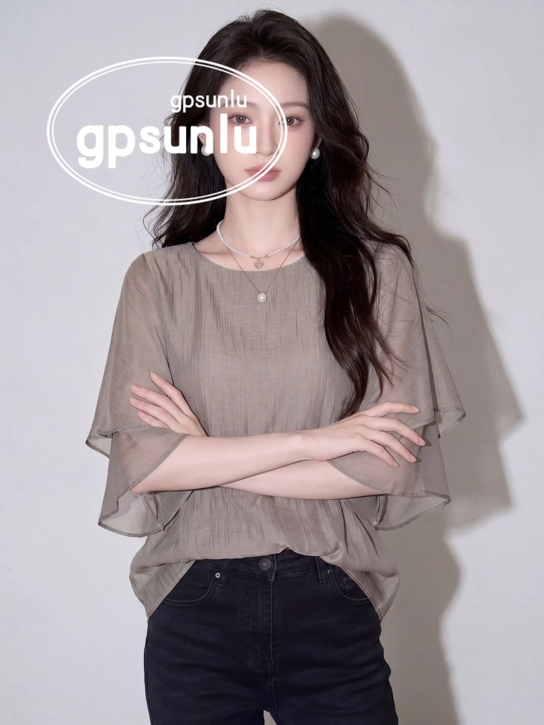 GPSunlu Luxury Texture Chiffon Shirt Women's Summer Loose Short Sleeve round Neck Top Lightweight Comfortable Breathable